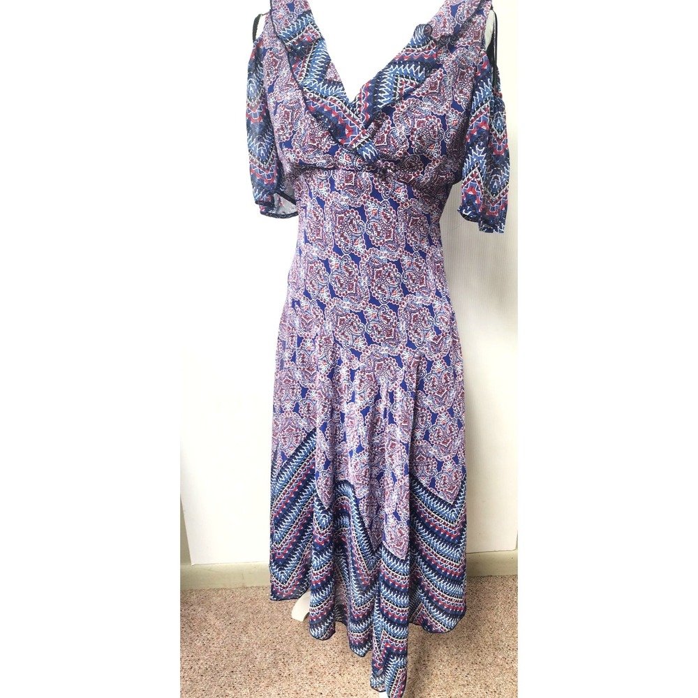 Rabbit Rabbit Rabbit  Womens Dress  Navy Red Paisley Boho Cold Shoulder  10